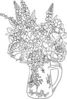 Bouquet of flowers in a vase Sketch. Black and white vector drawing. For colouring books and for design.