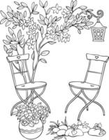 Chairs in the garden under a tree Sketch. Black and white vector drawing. For coloring books and for design.