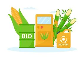 ciclo de vida del biocombustible de materiales naturales y plantas con barriles verdes o energía de producción de biogás en dibujos animados planos dibujados a mano ilustración de plantillas vector