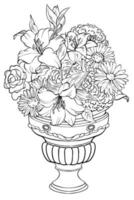 Vase with flowers Sketch. Black and white vector drawing. For colouring books and for design.