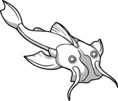 Exotic endangered fish sketch. Vector drawing in shades of gray. For coloring and design books.