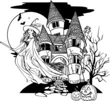 A witch on a broomstick in front of a castle. Black and white vector drawing. For colouring books and for design.