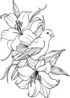 Bird on a flower sketch. Black and white vector drawing. For coloring and design books.