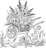 Garden cart with flowers sketch. Black and white vector drawing. For coloring books and for design.