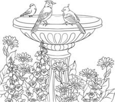 Birds on the fountain in the garden sketch. Black and white vector drawing. For coloring books and for design.