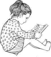 Girl reading a book sketch. Black and white vector drawing. For coloring and design books.