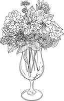 Bouquet of flowers in a glass. Black and white vector drawing. For colouring books and for design.