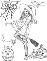 A young witch on a broomstick with a pumpkin. Black and white vector drawing. For colouring books and for design.