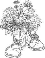 Bouquet of flowers in boots. Black and white vector drawing. For coloring books and for design.