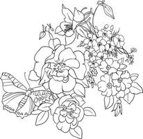 Bouquet of flowers with a butterfly. Black and white vector drawing. For coloring books and for design.