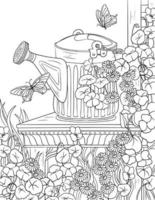Garden watering can with flowers. Black and white vector drawing. For coloring books and for design.