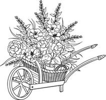 Garden trolley with flowers. Black and white vector drawing. For colouring books and for design.