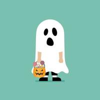 Boy with pumpkin basket dressed in ghost costume vector