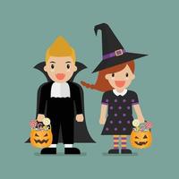 Children with pumpkin basket dressed in Halloween costumes vector