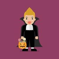 Boy with pumpkin basket dressed in vampire costume vector