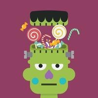 Green zombie head with sweet candy vector