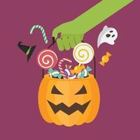 Green zombie hand holding halloween pumpkin basket vector