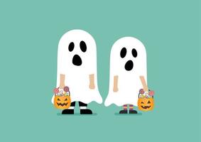 Children with pumpkin basket dressed in ghost costumes vector
