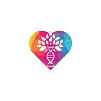 Dna tree heart shape concept vector logo design. DNA genetic icon. DNA with green leaves vector logo design.