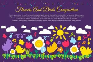 Birds and flowers flat banner with copyspace vector