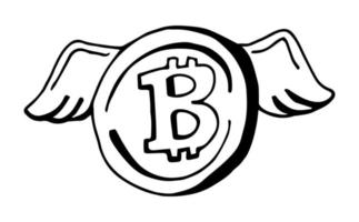 símbolo de bitcoin con alas. Ilustración 2d en estilo garabato vector