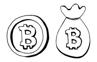 juego de monedas bitcoin. concepto de criptomoneda. ilustración vectorial en estilo garabato. vector