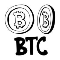 Doodle icons of coins on the isolated white background. Cryptocurrency bitcoin. Symbols of currencies in hand drawn sketch style. Vector illustration. Business, economy concept.