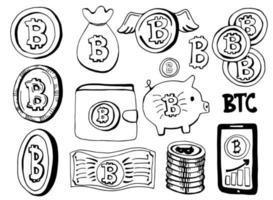 Bitcoin hand drawn vector doodles set