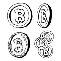 Bitcoin coins set in doodle style. Cryptocurrency concept. Vector illustration in sketch style.