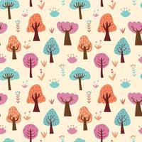Hand draw different colored cartoon style various trees, bushes and plants vector seamless pattern