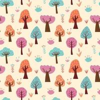 Hand draw different colored cartoon style various trees, bushes and plants vector seamless pattern