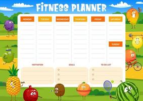 Fitness weekly planner, cartoon fruits sportsmen vector