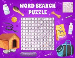 Word search puzzle with dog pet care accessories vector