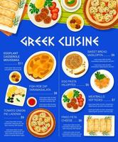 diseño de página de menú de comidas y platos de cocina griega vector
