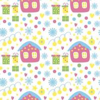 Seamless pattern with pink fairy house, snowflakes, Christmas decorations on a white background vector