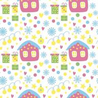 Seamless pattern with pink fairy house, snowflakes, Christmas decorations on a white background vector