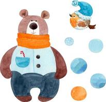 Cute clumsy cartoon bear in a warm orange scarf, vest and pants, robin in warm hat, snowballs. Watercolor illustration vector