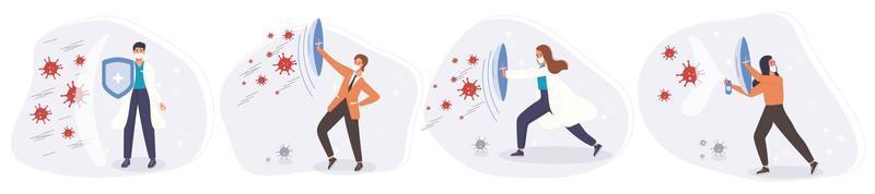 Fight and protect Coronavirus concept. Medical staff fight protective shield with pandemic. Vector illustration