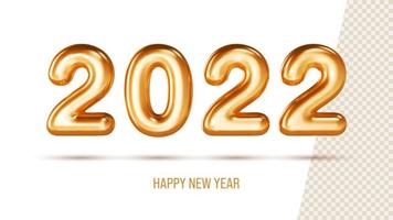 Happy New Year 2022. Realistic golden metal number with shadows. Gold 2022 3d illustration Christmas poster, cover card, flyer, template. Vector xmas brochure