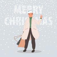 Happy man with Christmas gifts. Male wearing in santa hat on snow background Merry Christmas concept. Vector illustration