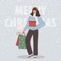 Happy woman with Christmas gifts. Female wearing in santa hat on snow background Merry Christmas concept. Vector illustration