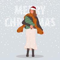 Happy woman with Christmas tree. Female wearing in santa hat on snow background Merry Christmas concept. Vector illustration