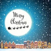 Christmas house in snowfall night. Happy holiday greeting card with town skyline, flying Santa Claus and deer black silhouettes, snow and big moon. Midtown houses xmas poster. Vector illustration