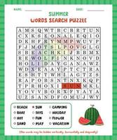 Word search game summer word search puzzle worksheet for learning english. vector