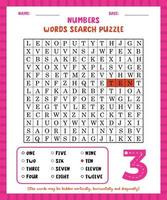 Word search game numbers word search puzzle worksheet for learning english. vector