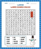 Word search game winter word search puzzle worksheet for learning english. vector