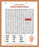 Word search game body parts word search puzzle worksheet for learning english. vector