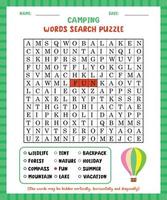 Word search game camping word search puzzle worksheet for learning english. vector