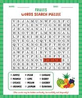 juego de búsqueda de palabras frutas hoja de trabajo de rompecabezas de búsqueda de palabras para aprender inglés. vector