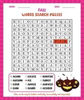 Word search game fall word search puzzle worksheet for learning english.